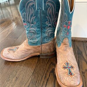 Tony Lama size 10 Teal Shaft & Tan Leather Cross-Embroidered Cowboy Boots